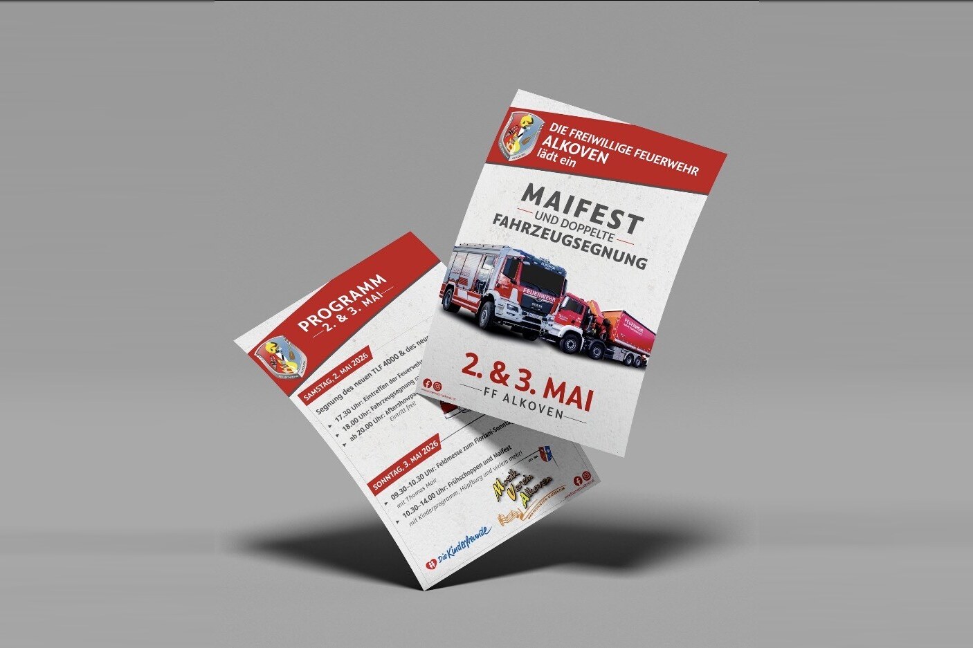 Flyer Vorder- und Rückseite für Maifest und doppelte Fahrzeugsegnung der Freiwilligen Feuerwehr Alkoven